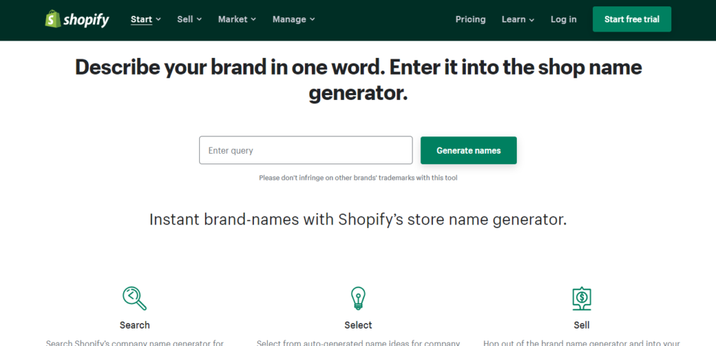 Shopify business name generator tool.