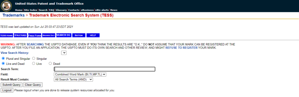 USPTO trademark electronic search system tool page.