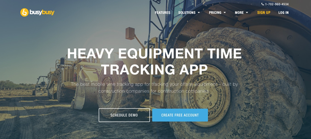 BusyBusy Heavy Equipment Time tracking app homepage.
