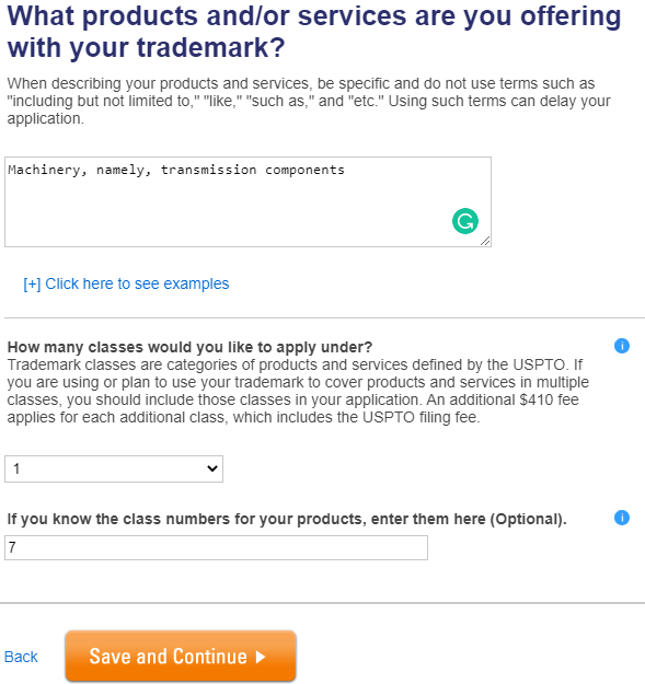 USPTO choose your product class example page.