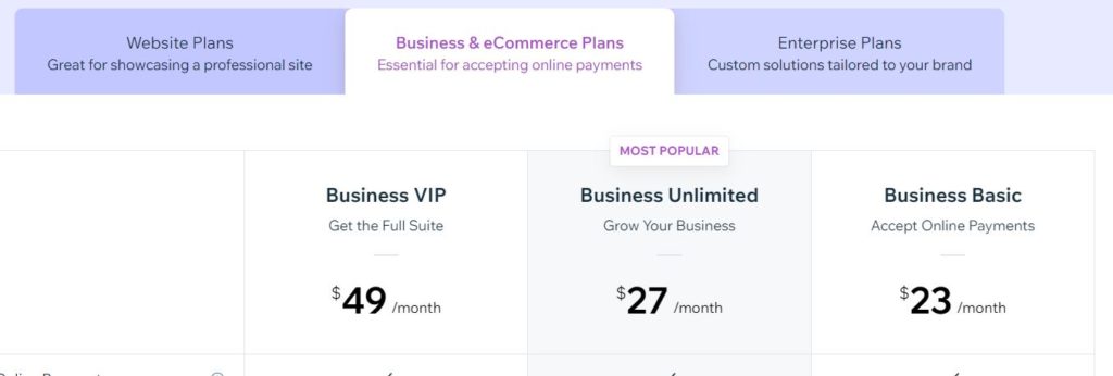 Wix business and ecommerce pricing plans