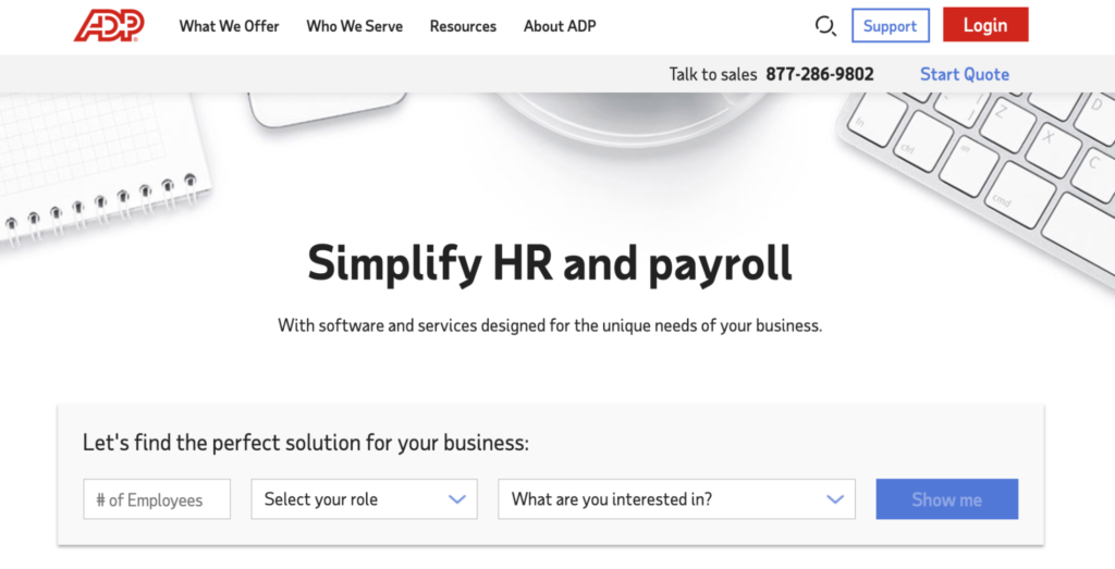 ADP online payroll tax homepage.