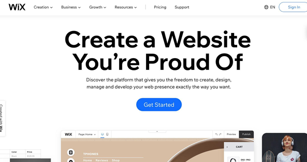Wix get started create a website homepage.