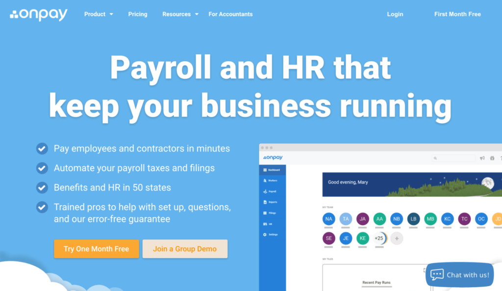 OnPay online payroll tax homepage.
