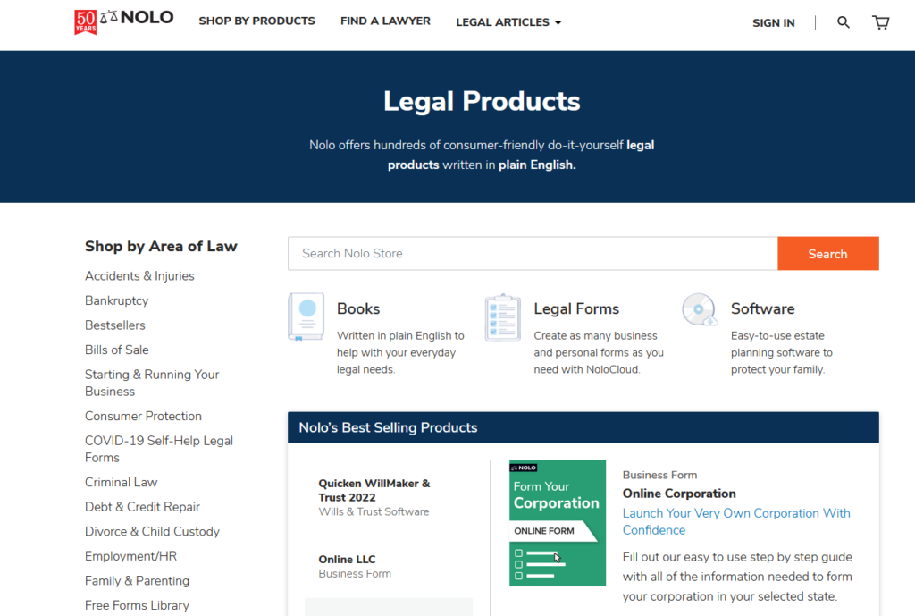 Nolo legal products page.