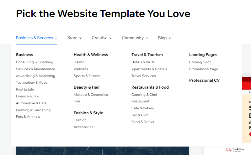 Wix free website builder list of templates to choose from.