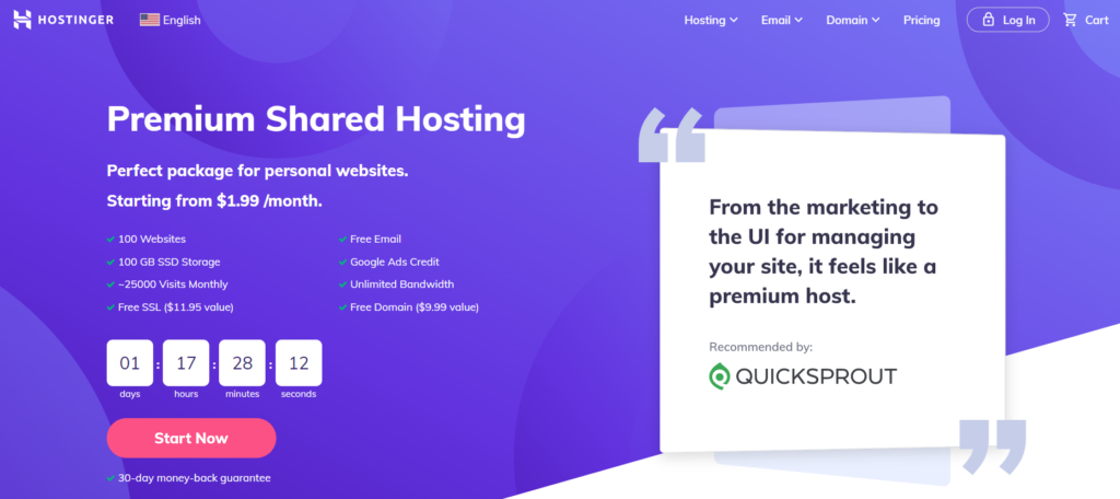 Hostinger premium shared hosting page.