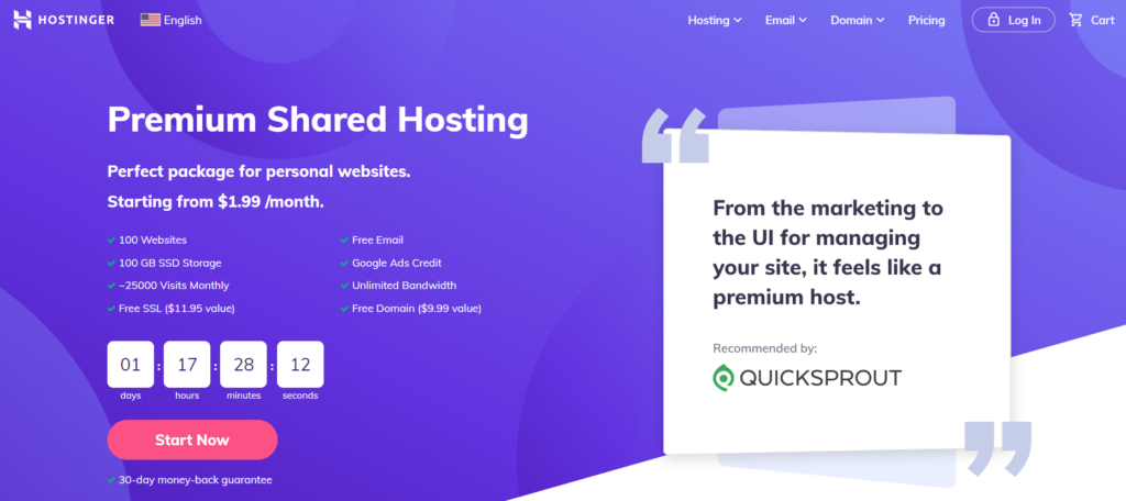 Hostinger web hosting page with QuickSprout recommendation.