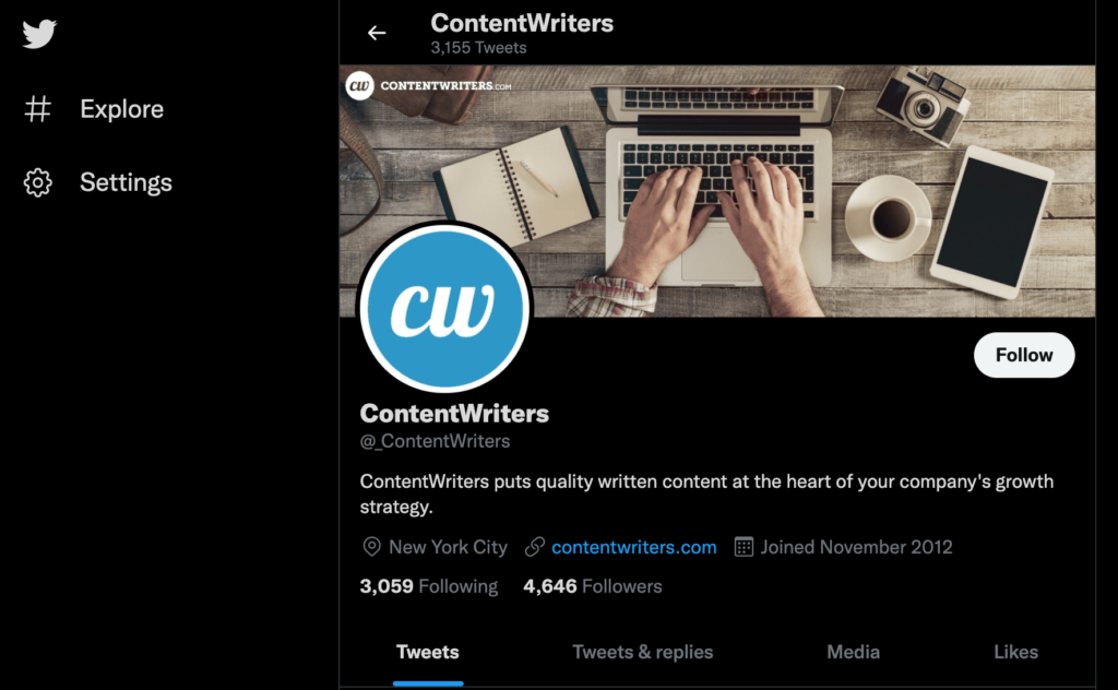ContentWriters search on Twitter example.