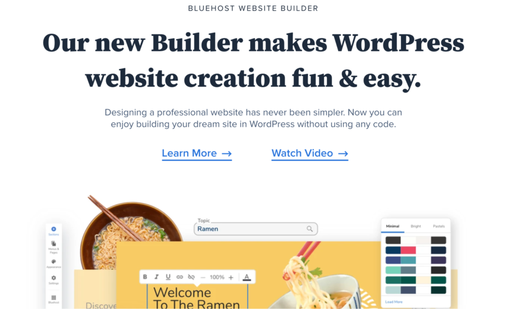 Bluehost website builder learn more and watch video page.