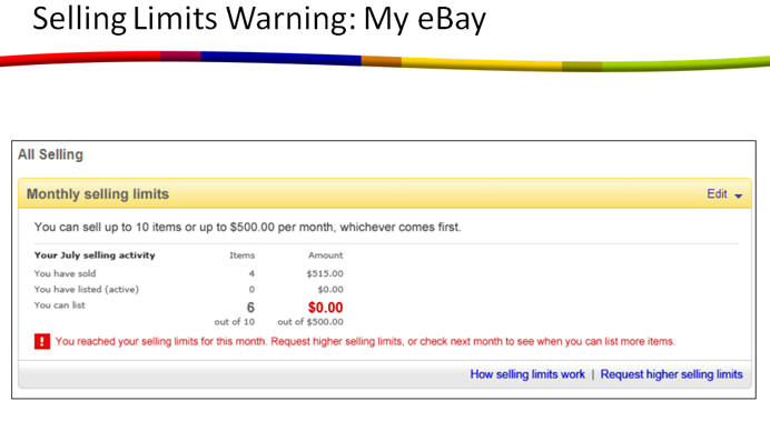 Selling limits warning on eBay platform example.