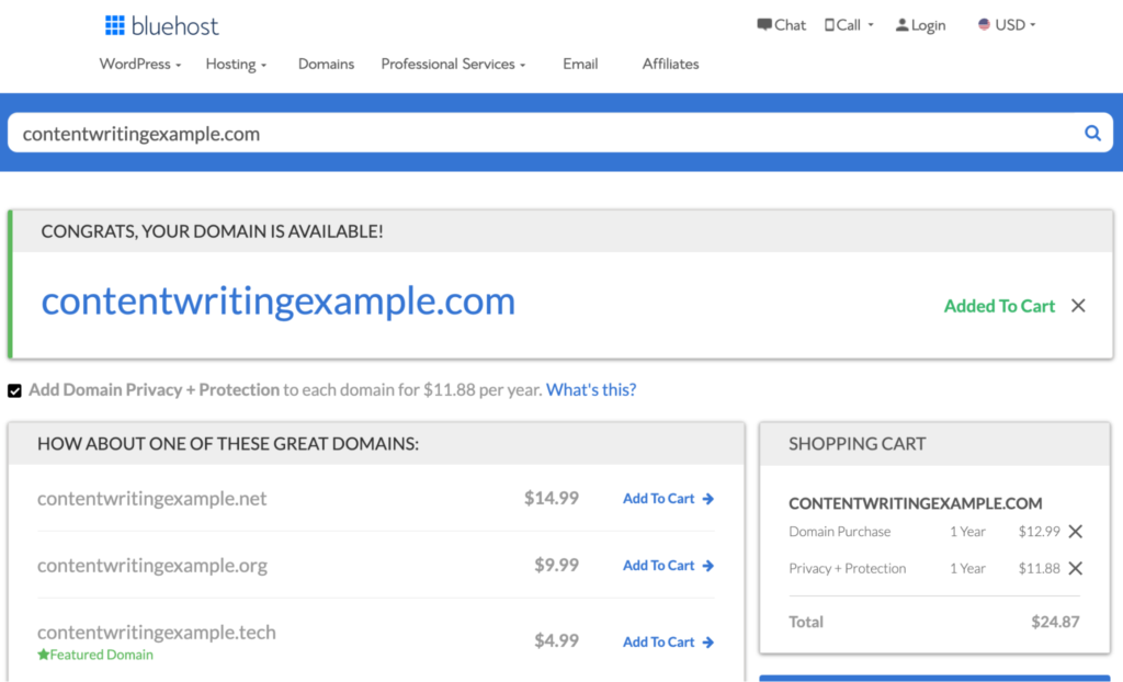 Bluehost domain checking tool example.