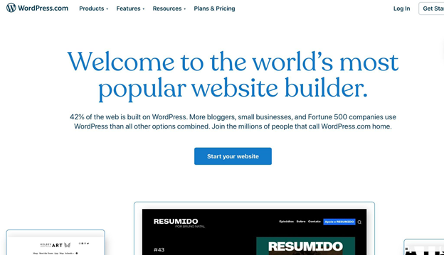 WordPress website builder start your website homepage.