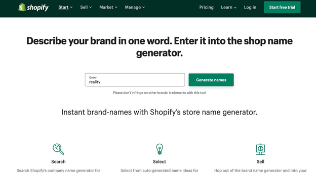 Shopify business name generator page.