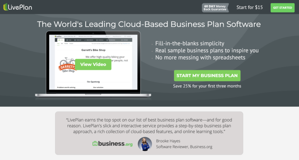 Live Plan business plan software homepage.