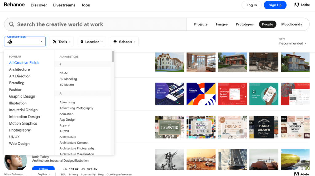 Behance dashboard and search tools page.