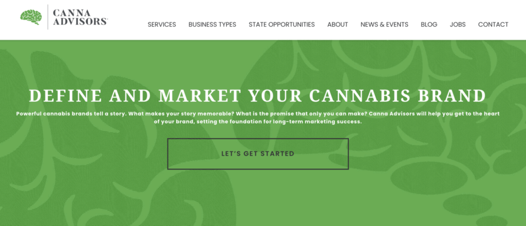 Canna Advisors services for branding and marketing let's get started page.