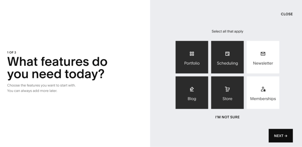 Squarespace what features do you need today page.