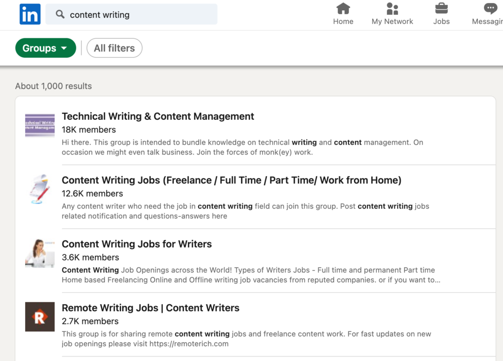 LinkedIn content writing search results example.
