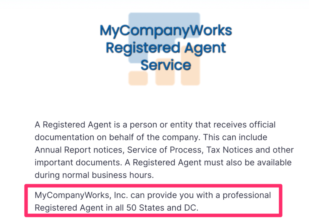 MyCompanyWorks registered agent service in all 50 States and DC image.