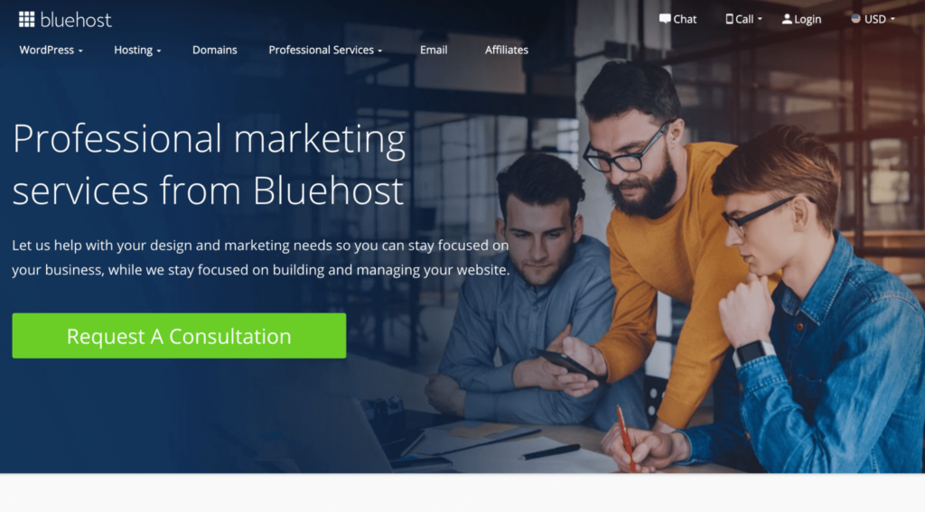 Bluehost marketing services request a consultation page.