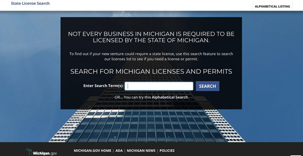 Michigan state license search page.