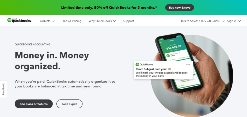 QuickBooks accounting software homepage.