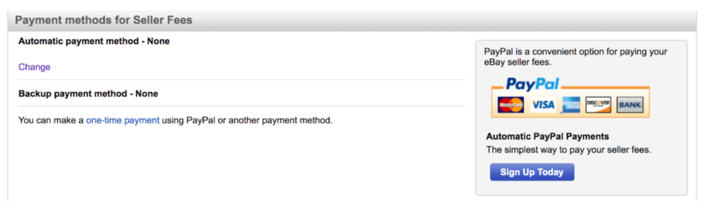 eBay payment methods for seller fee screen.