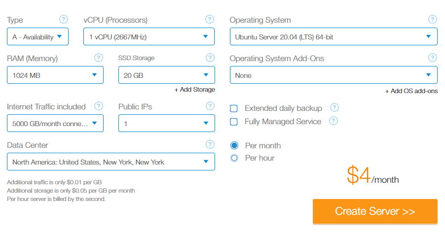 Kamatera custom package for virtual private server hosting.