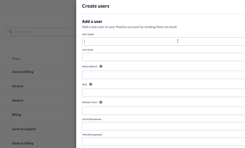 Nextiva create users page.