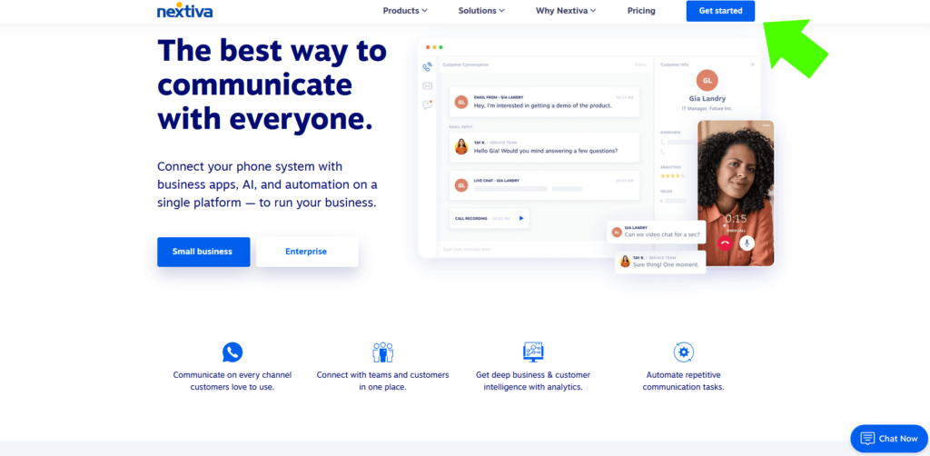 Nextiva communication services get started homepage.