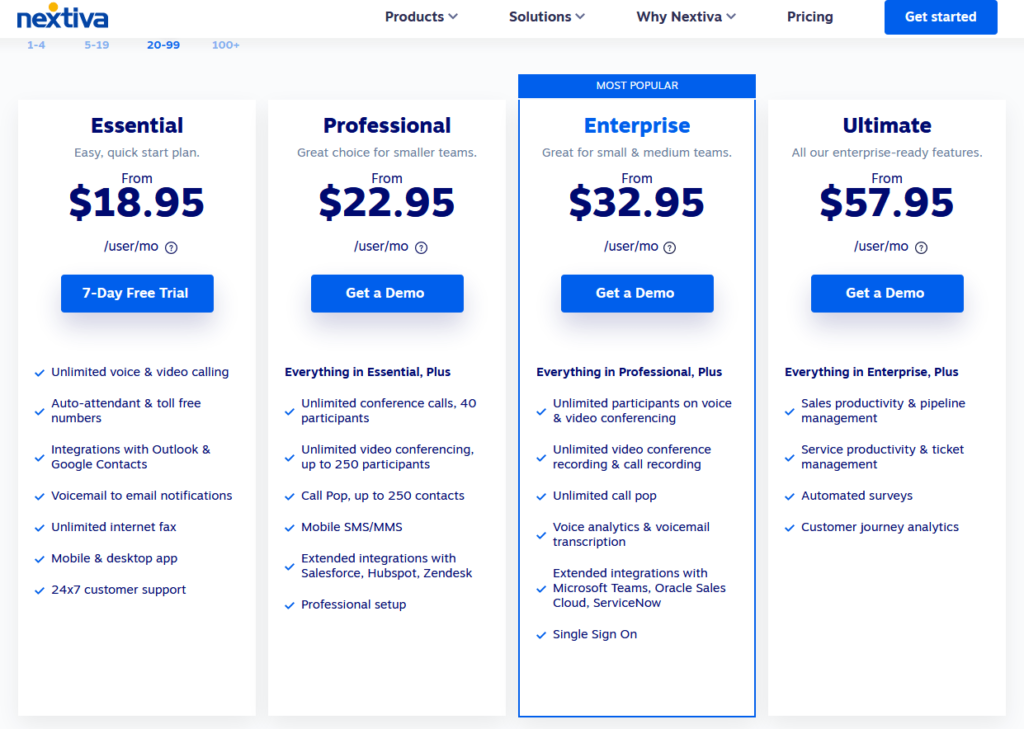 Nextiva communication services pricing plans.