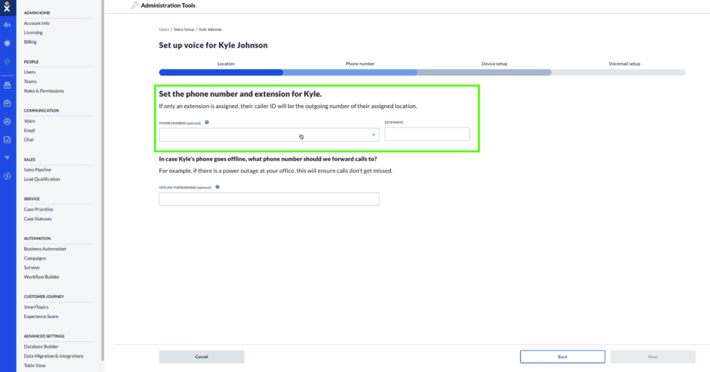 Nextiva set up voice for user and extension page.