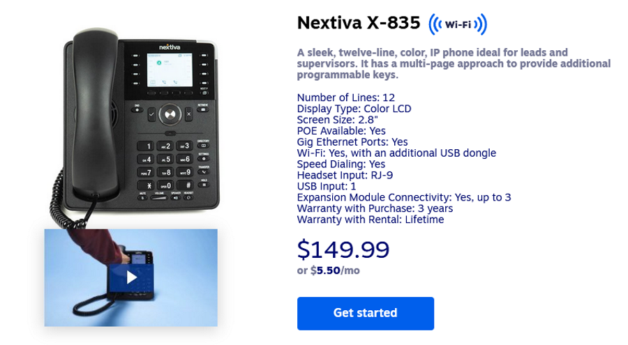 Nextiva X-835 phone, features, and pricing example.