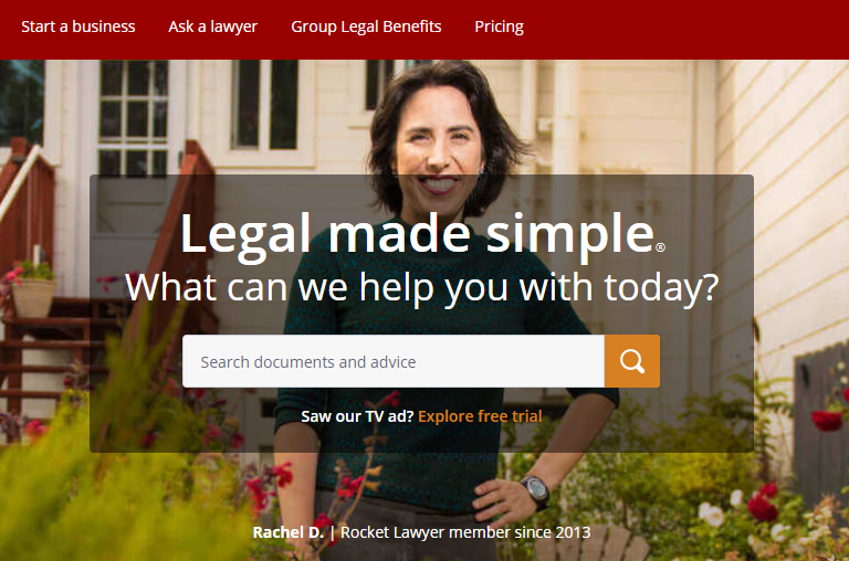 Rocket Lawyer homepage.