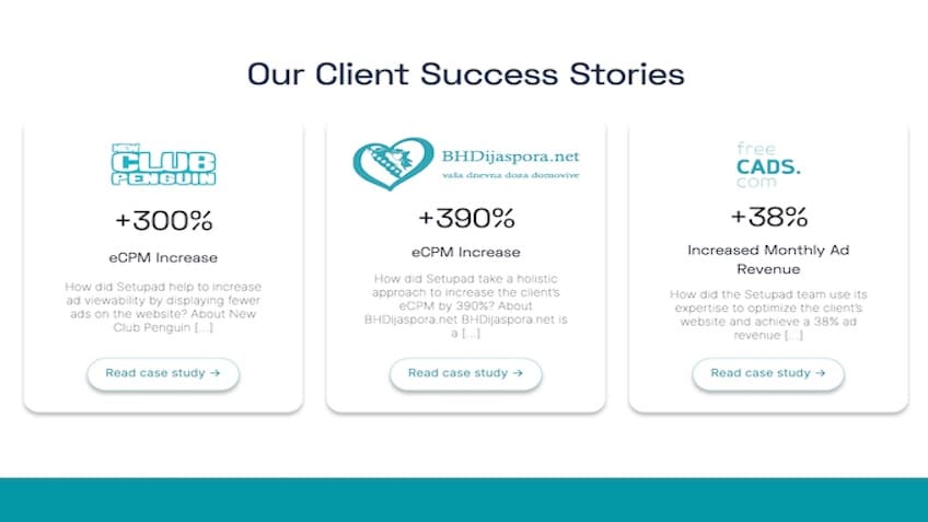 Client success stories with three examples from Setupad.
