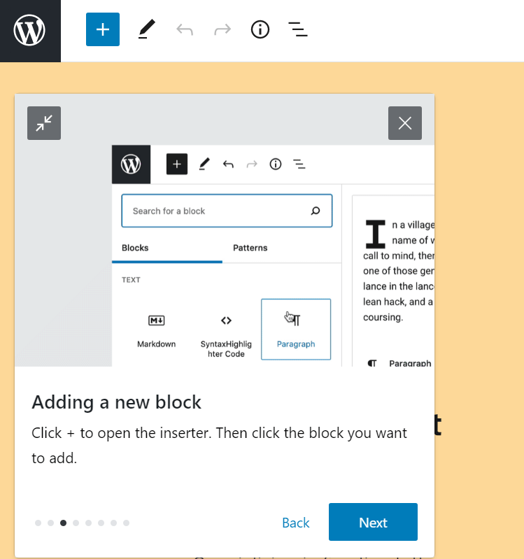 WordPress free website builder process of adding blocks, images, new pages, blog post example.