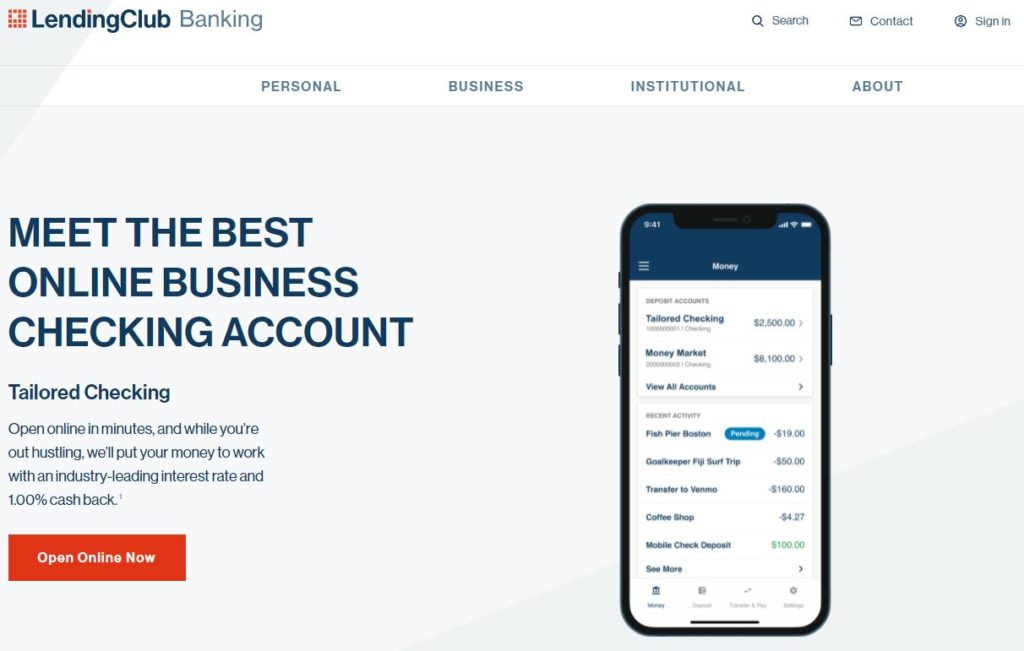 LendingClub Bank Tailored Checking homepage.