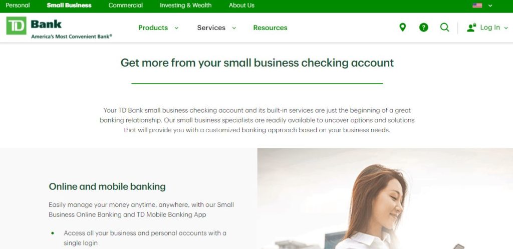 TD Business Convenience Checking Plus homepage.