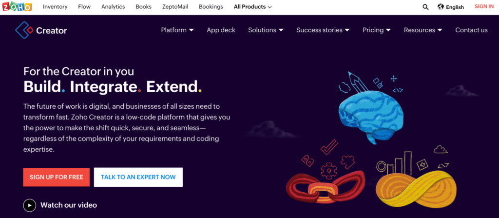 Zoho Creator homepage.