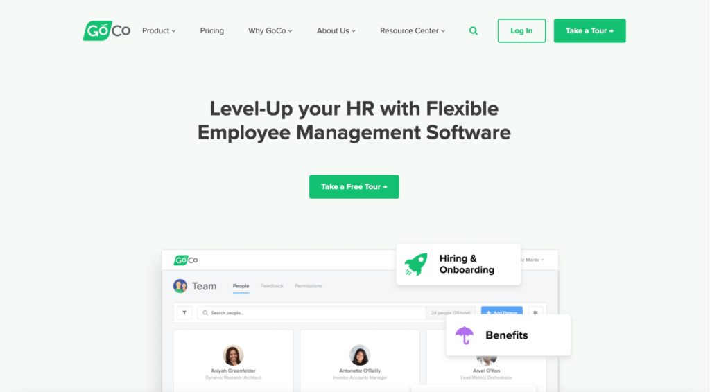 GoCo HR and employee management software homepage.