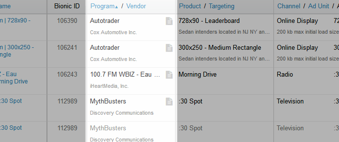 Program/Vendor list - video content structure organization feature in Bionic.