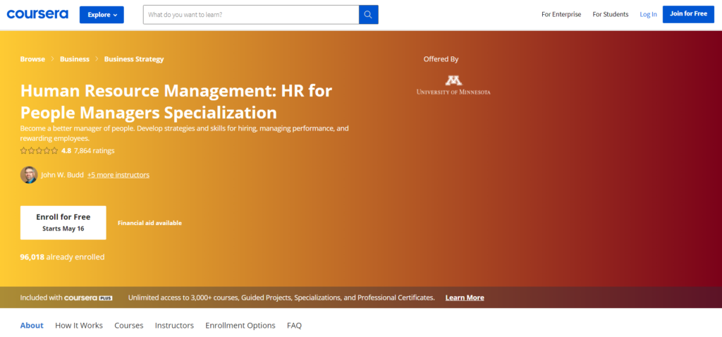 Coursera HR management HR for people managers specialization signup page.