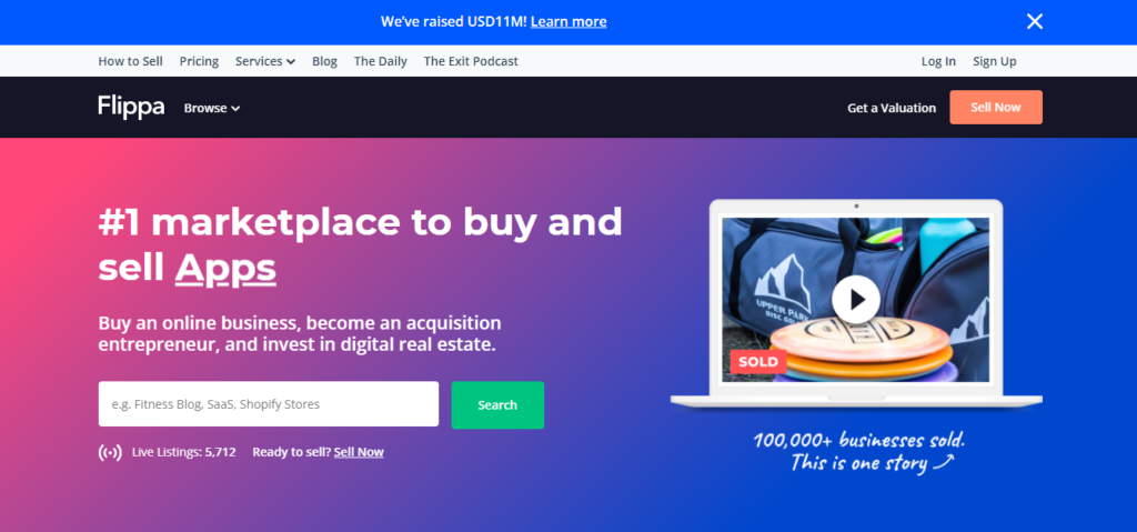 Flippa marketplace to buy and sell apps and websites homepage.