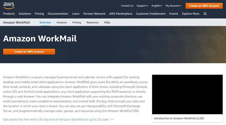 Amazon WorkMail homepage.