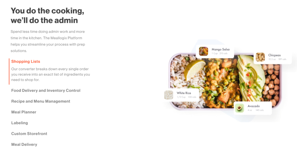 Meallogix meal prep business software website example.