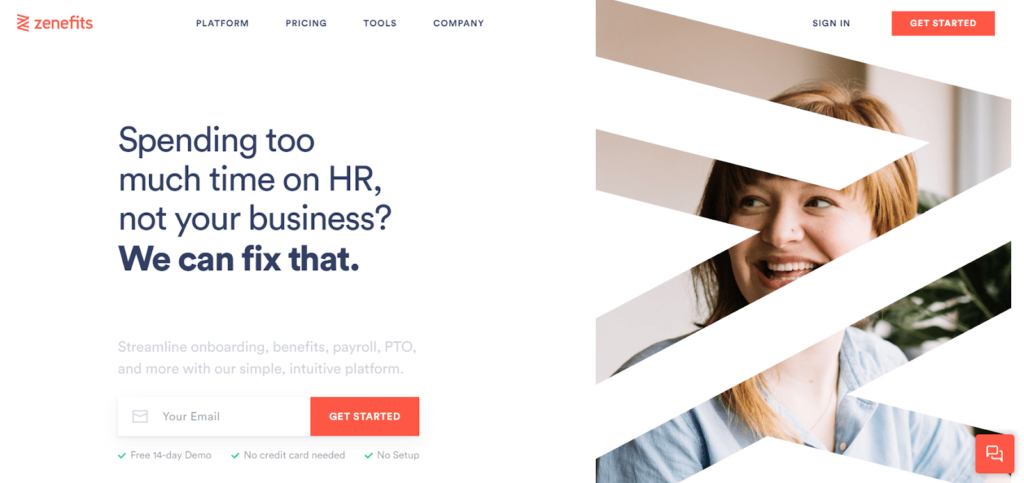 Zenefits HR solutions homepage.