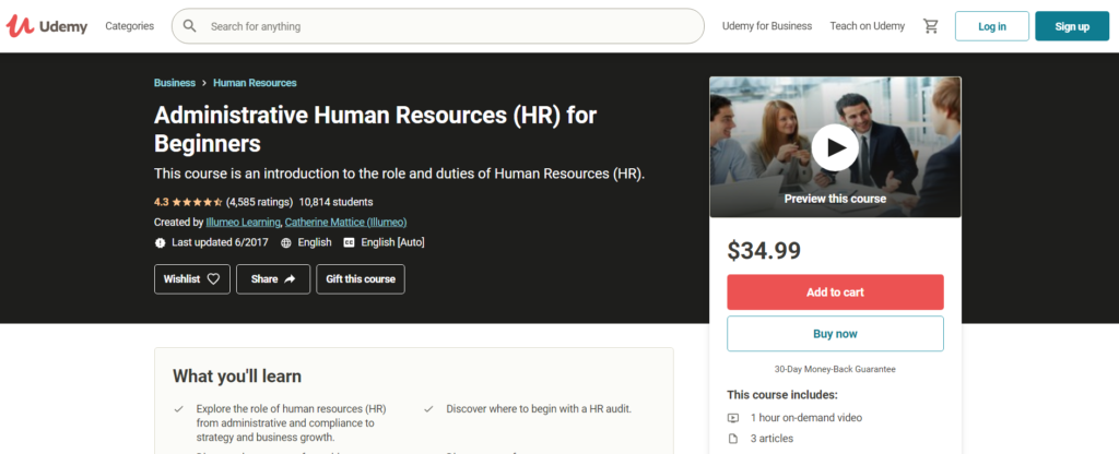 Udemy administrative HR for beginners signup page.