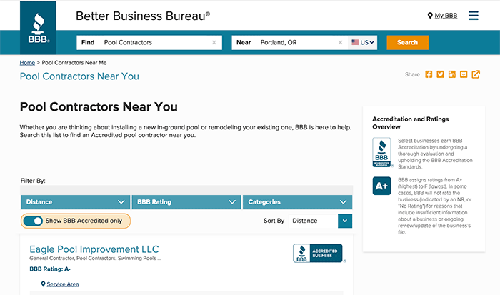 Better Business Bureau search results for pool contractors near Portland, OR.