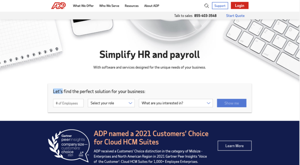 ADP HR and payroll software homepage.